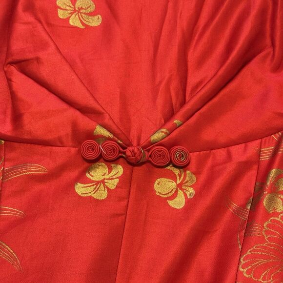 Vintage 60s Hawaiian Togs Maxi Dress Red Gold Metallic Floral Draped Back Small - Picture 6 of 13